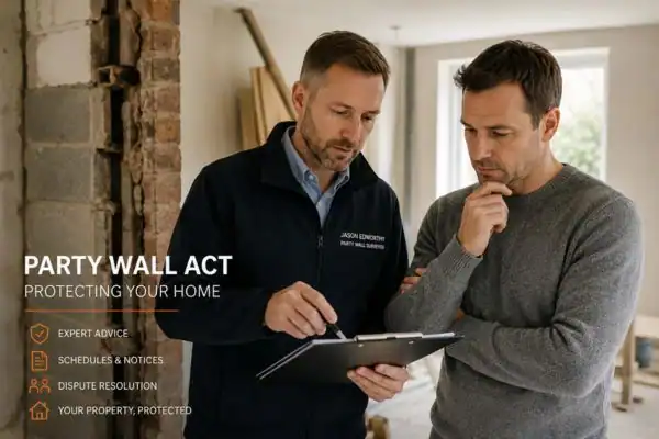 Party wall surveyor Redditch discussing extension plans with homeowner outside a UK semi-detached house.